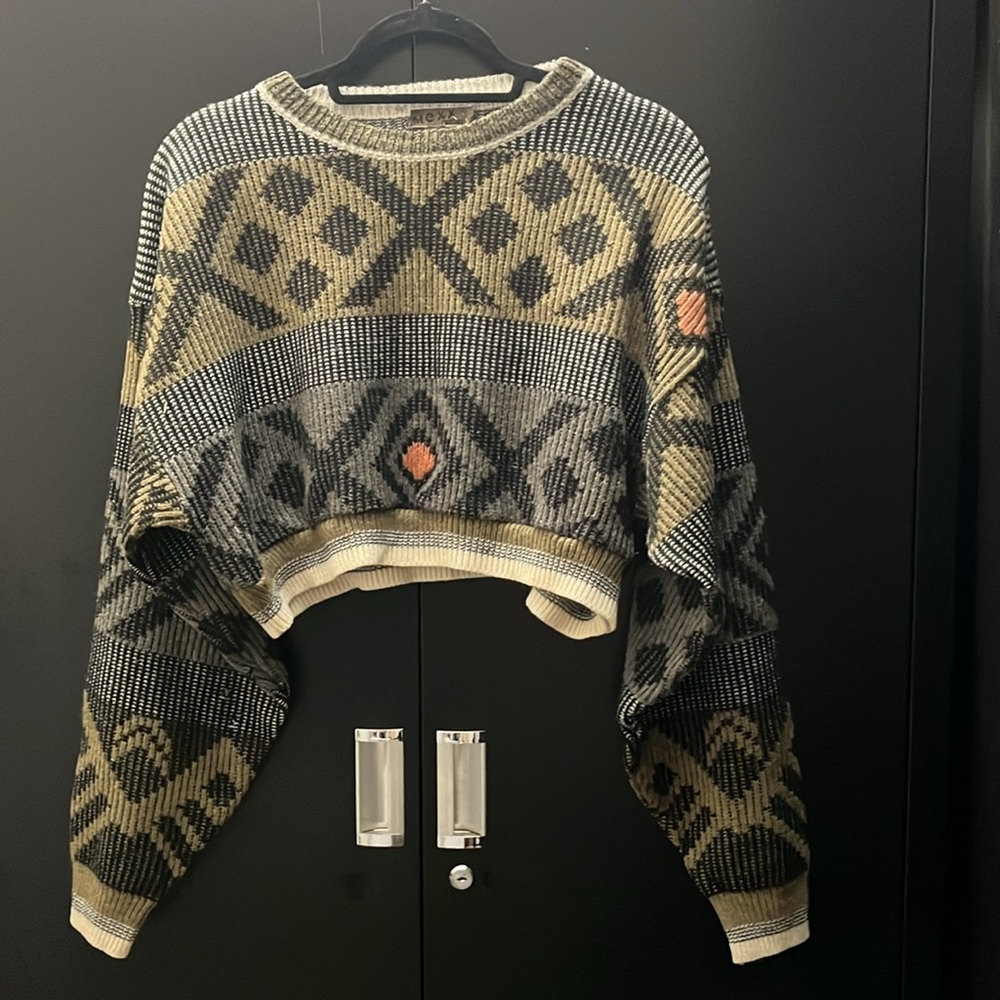 044❤️Next Large knit cropped sweater green black cream